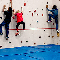  students rock climbing indoors